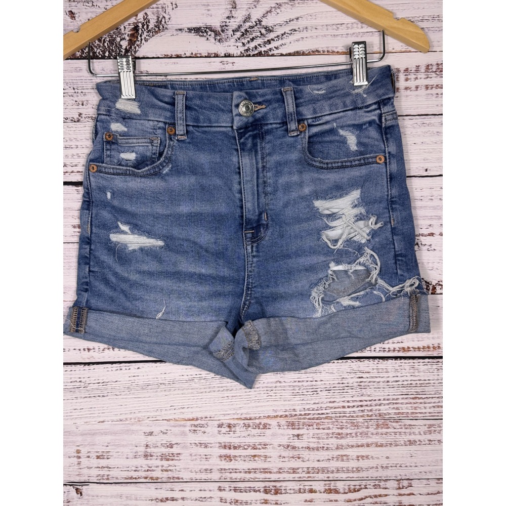 American Eagle Distressed Denim Shorts Womens 4 Blue Cuffed Super Stretch High